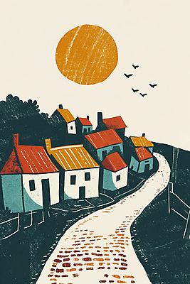 JPG 일러스트 유럽풍경 조류 거리 주택 사람없음 건물 태양 마을 거친 질감 국내일러스트 AI일러스트 AI콘텐츠 자연요소 동물 건축물 유럽 풍경 파일형식