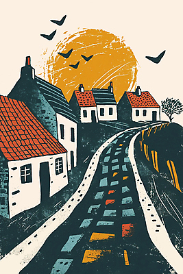 JPG 나무 일러스트 유럽풍경 조류 거리 주택 사람없음 건물 태양 마을 거친 질감 국내일러스트 AI일러스트 AI콘텐츠 자연요소 식물 동물 건축물 유럽 풍경 파일형식