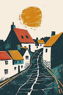 JPG 일러스트 유럽풍경 거리 주택 사람없음 건물 태양 마을 거친 질감 국내일러스트 AI일러스트 AI콘텐츠 자연요소 건축물 유럽 풍경 파일형식