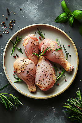 JPG 편집이미지 접시 생고기 사람없음 닭고기 신선 디지털합성 소금 후추 바질 로즈메리 요리준비 음식준비 편집소스 시즈닝 편집실사 AI포토 AI콘텐츠 식기 육류 양념 허브 향신료 CG 준비 파일형식