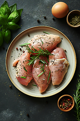 JPG 편집이미지 접시 생고기 사람없음 계란 닭고기 신선 디지털합성 소금 후추 바질 로즈메리 요리준비 음식준비 편집소스 시즈닝 편집실사 AI포토 AI콘텐츠 식기 육류 알 양념 허브 향신료 CG 준비 파일형식