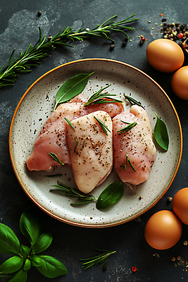 JPG 편집이미지 접시 생고기 사람없음 계란 닭고기 신선 디지털합성 소금 후추 바질 로즈메리 요리준비 음식준비 편집소스 시즈닝 편집실사 AI포토 AI콘텐츠 식기 육류 알 양념 허브 향신료 CG 준비 파일형식