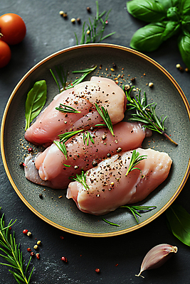 JPG 편집이미지 접시 토마토 생고기 사람없음 닭고기 신선 디지털합성 소금 후추 바질 로즈메리 요리준비 음식준비 편집소스 시즈닝 편집실사 AI포토 AI콘텐츠 식기 채소 육류 양념 허브 향신료 CG 준비 파일형식