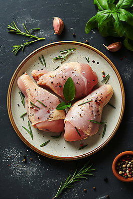 JPG 편집이미지 접시 마늘 생고기 사람없음 닭고기 신선 디지털합성 소금 후추 바질 로즈메리 요리준비 음식준비 편집소스 시즈닝 편집실사 AI포토 AI콘텐츠 식기 채소 육류 양념 허브 향신료 CG 준비 파일형식