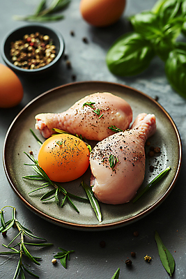 JPG 편집이미지 접시 생고기 사람없음 닭고기 신선 디지털합성 후추 노른자 바질 로즈메리 요리준비 음식준비 편집소스 시즈닝 편집실사 AI포토 AI콘텐츠 식기 육류 계란 양념 허브 향신료 CG 준비 파일형식