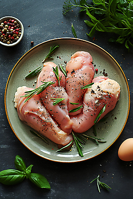 JPG 편집이미지 접시 생고기 사람없음 계란 닭고기 신선 디지털합성 소금 후추 바질 로즈메리 요리준비 음식준비 편집소스 시즈닝 편집실사 AI포토 AI콘텐츠 식기 육류 알 양념 허브 향신료 CG 준비 파일형식