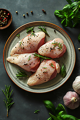 JPG 편집이미지 접시 마늘 생고기 사람없음 닭고기 신선 디지털합성 소금 후추 바질 로즈메리 요리준비 음식준비 편집소스 시즈닝 편집실사 AI포토 AI콘텐츠 식기 채소 육류 양념 허브 향신료 CG 준비 파일형식