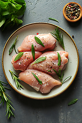 JPG 편집이미지 접시 생고기 사람없음 닭고기 신선 디지털합성 소금 후추 바질 로즈메리 요리준비 음식준비 편집소스 시즈닝 편집실사 AI포토 AI콘텐츠 식기 육류 양념 허브 향신료 CG 준비 파일형식