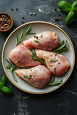 JPG 편집이미지 접시 생고기 사람없음 닭고기 신선 디지털합성 소금 후추 바질 로즈메리 요리준비 음식준비 편집소스 시즈닝 편집실사 AI포토 AI콘텐츠 식기 육류 양념 허브 향신료 CG 준비 파일형식