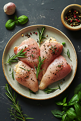 JPG 편집이미지 접시 마늘 생고기 사람없음 닭고기 신선 디지털합성 소금 후추 바질 로즈메리 요리준비 음식준비 편집소스 시즈닝 편집실사 AI포토 AI콘텐츠 식기 채소 육류 양념 허브 향신료 CG 준비 파일형식