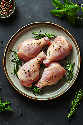 JPG 편집이미지 접시 생고기 사람없음 닭고기 신선 디지털합성 소금 후추 바질 로즈메리 요리준비 음식준비 편집소스 시즈닝 편집실사 AI포토 AI콘텐츠 식기 육류 양념 허브 향신료 CG 준비 파일형식