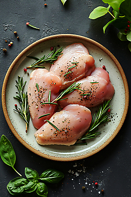 JPG 편집이미지 접시 생고기 사람없음 닭고기 신선 디지털합성 소금 후추 바질 로즈메리 요리준비 음식준비 편집소스 시즈닝 편집실사 AI포토 AI콘텐츠 식기 육류 양념 허브 향신료 CG 준비 파일형식