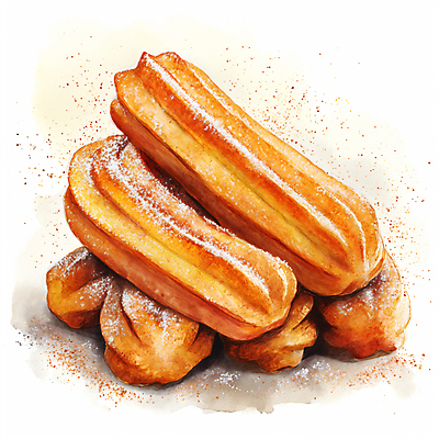 JPG 일러스트 디저트 수채화 사람없음 갈색 달콤 설탕 디지털합성 츄러스 편집소스 국내일러스트 AI일러스트 AI콘텐츠 음식 컬러 맛 파일형식