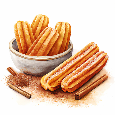 JPG 그릇 일러스트 디저트 수채화 사람없음 갈색 달콤 설탕 디지털합성 시나몬 츄러스 편집소스 국내일러스트 AI일러스트 AI콘텐츠 식기 음식 컬러 맛 파일형식