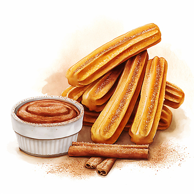 JPG 접시 일러스트 디저트 수채화 사람없음 갈색 초콜릿 달콤 설탕 디지털합성 시나몬 츄러스 편집소스 국내일러스트 AI일러스트 AI콘텐츠 식기 음식 컬러 맛 파일형식