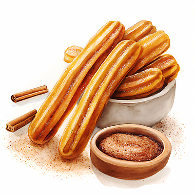 JPG 그릇 일러스트 디저트 수채화 사람없음 갈색 달콤 설탕 디지털합성 시나몬 츄러스 편집소스 국내일러스트 AI일러스트 AI콘텐츠 식기 음식 컬러 맛 파일형식