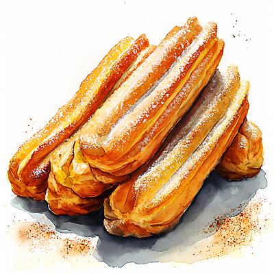 JPG 일러스트 디저트 수채화 사람없음 갈색 달콤 설탕 디지털합성 시나몬 츄러스 편집소스 국내일러스트 AI일러스트 AI콘텐츠 음식 컬러 맛 파일형식