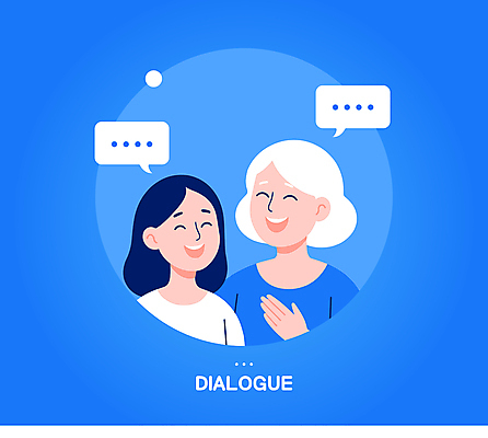 여자 노년 말풍선 일러스트 모녀 커뮤니케이션 말하기 대화 미소 웃음 상반신 성인 두명 파란색 마주보기 화목 원형 소통 여자만 국내일러스트 AI파일 도형 딸 컬러 컨셉 가족 모션 엄마 표정 사람 파일형식 벡터