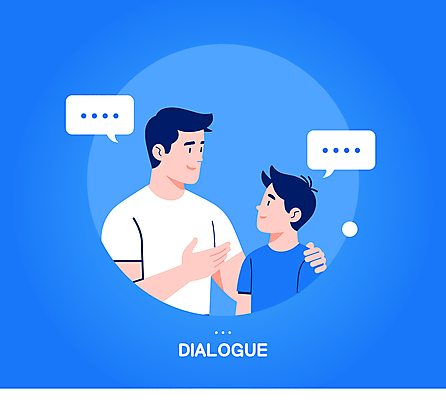 남자 어린이 말풍선 일러스트 가족 커뮤니케이션 말하기 대화 소년 상반신 성인 두명 파란색 마주보기 화목 원형 소통 부자지간 남자만 어깨에손 국내일러스트 AI파일 도형 아들 컬러 컨셉 관계 모션 사람 아빠 파일형식 벡터