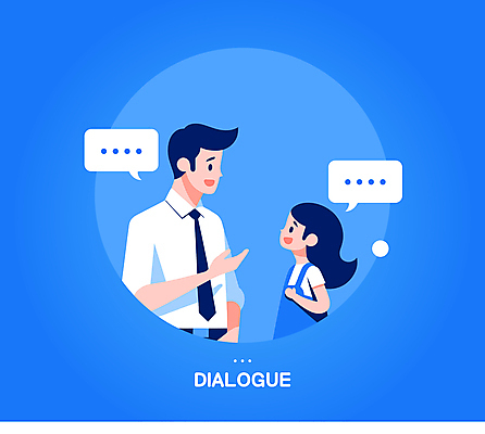 여자 남자 어린이 말풍선 일러스트 커뮤니케이션 말하기 대화 소녀 상반신 성인 두명 파란색 마주보기 화목 원형 소통 부녀 국내일러스트 AI파일 도형 딸 컬러 컨셉 가족 모션 사람 아빠 파일형식 벡터