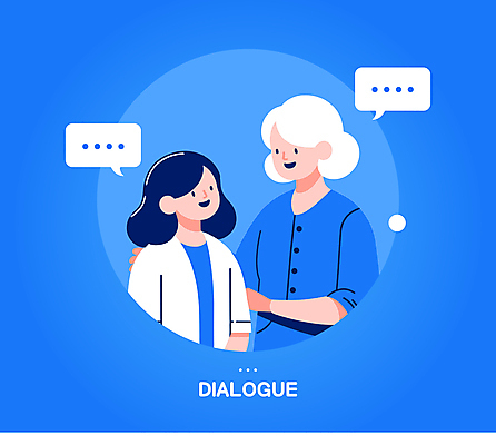 여자 노년 말풍선 일러스트 모녀 커뮤니케이션 말하기 대화 상반신 성인 두명 파란색 마주보기 화목 원형 소통 여자만 국내일러스트 AI파일 도형 딸 컬러 컨셉 가족 모션 엄마 사람 파일형식 벡터