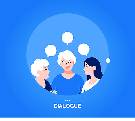 여자 노년 말풍선 일러스트 커뮤니케이션 말하기 대화 상반신 성인 세명 파란색 마주보기 화목 원형 소통 여자만 국내일러스트 AI파일 도형 컬러 컨셉 모션 사람 파일형식 벡터