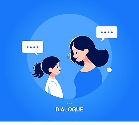 여자 딸 어린이 말풍선 일러스트 모녀 엄마 커뮤니케이션 말하기 대화 소녀 상반신 성인 두명 파란색 마주보기 화목 원형 소통 여자만 국내일러스트 AI파일 도형 컬러 컨셉 가족 모션 사람 파일형식 벡터