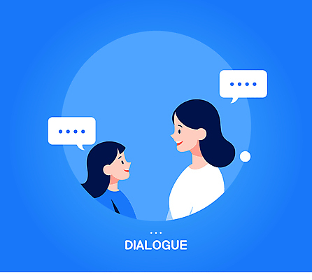 여자 딸 어린이 말풍선 일러스트 모녀 엄마 커뮤니케이션 말하기 대화 소녀 상반신 성인 두명 파란색 마주보기 화목 원형 소통 여자만 국내일러스트 AI파일 도형 컬러 컨셉 가족 모션 사람 파일형식 벡터