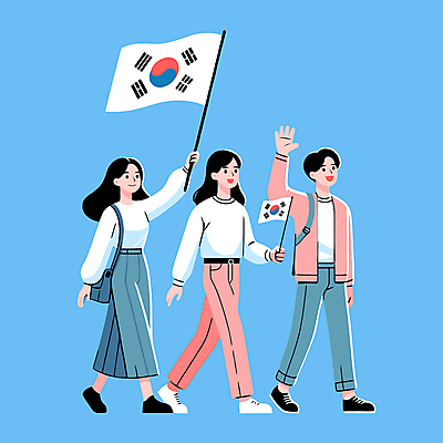 전신 여자 남자 일러스트 미소 들기 성인 캐주얼 세명 손들기 걷기 청바지 태극기 삼일절 성인만 국내일러스트 AI파일 옷 바지 모션 표정 사람 공휴일 국기 국경일 파일형식 벡터