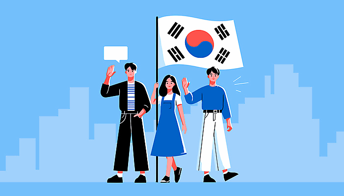 전신 여자 남자 말풍선 일러스트 미소 성인 캐주얼 세명 손들기 잡기 도시 태극기 삼일절 성인만 국내일러스트 AI파일 옷 모션 표정 사람 공휴일 국기 국경일 파일형식 벡터