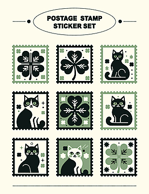 스티커 일러스트 타이포그라피 사람없음 장식 초록색 세트 검은색 고양이 행운 네잎클로버 우표 엘리먼트 미니멀 국내일러스트 AI파일 식물 문자 컬러 컨셉 포유류 반려동물 클로버 파일형식 벡터
