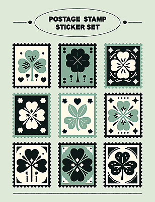 스티커 일러스트 타이포그라피 사람없음 장식 초록색 세트 행운 네잎클로버 우표 엘리먼트 미니멀 국내일러스트 AI파일 식물 문자 컬러 컨셉 클로버 파일형식 벡터