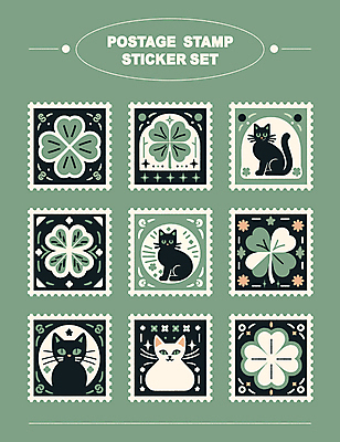 스티커 일러스트 타이포그라피 사람없음 장식 초록색 세트 고양이 행운 네잎클로버 우표 엘리먼트 미니멀 국내일러스트 AI파일 식물 문자 컬러 컨셉 포유류 반려동물 클로버 파일형식 벡터