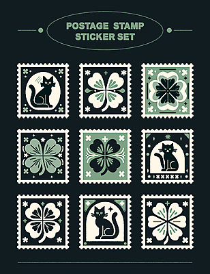 스티커 일러스트 타이포그라피 사람없음 장식 초록색 세트 고양이 행운 네잎클로버 우표 엘리먼트 미니멀 국내일러스트 AI파일 식물 문자 컬러 컨셉 포유류 반려동물 클로버 파일형식 벡터