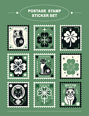 스티커 일러스트 타이포그라피 사람없음 장식 초록색 세트 고양이 행운 네잎클로버 우표 엘리먼트 미니멀 국내일러스트 AI파일 식물 문자 컬러 컨셉 포유류 반려동물 클로버 파일형식 벡터
