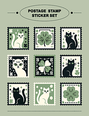 스티커 일러스트 타이포그라피 사람없음 장식 초록색 세트 고양이 행운 네잎클로버 우표 엘리먼트 미니멀 국내일러스트 AI파일 식물 문자 컬러 컨셉 포유류 반려동물 클로버 파일형식 벡터