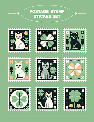 스티커 일러스트 타이포그라피 사람없음 장식 초록색 세트 고양이 행운 네잎클로버 우표 엘리먼트 미니멀 국내일러스트 AI파일 식물 문자 컬러 컨셉 포유류 반려동물 클로버 파일형식 벡터