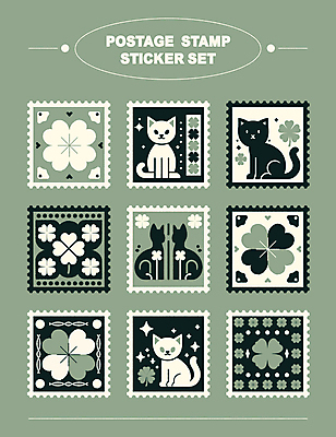 스티커 일러스트 타이포그라피 사람없음 장식 초록색 세트 검은색 고양이 행운 네잎클로버 우표 엘리먼트 미니멀 국내일러스트 AI파일 식물 문자 컬러 컨셉 포유류 반려동물 클로버 파일형식 벡터