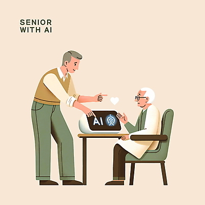 전신 PSD 할아버지 노년 남자 의자 일러스트 기술 서기 사람 앉기 청년 성인 두명 초록색 마주보기 하트 가리킴 로봇 책상 도우미 동반자 AI_인공지능 국내일러스트 모양 컬러 가구 모션 손짓 파일형식