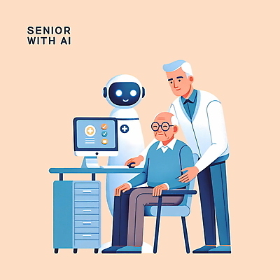 전신 PSD 할아버지 노년 남자 안경 의자 일러스트 기술 서기 사람 앉기 성인 두명 모니터 주황색 로봇 책상 서랍장 도우미 동반자 남자만 AI_인공지능 국내일러스트 잡화 컬러 가구 모션 컴퓨터 파일형식