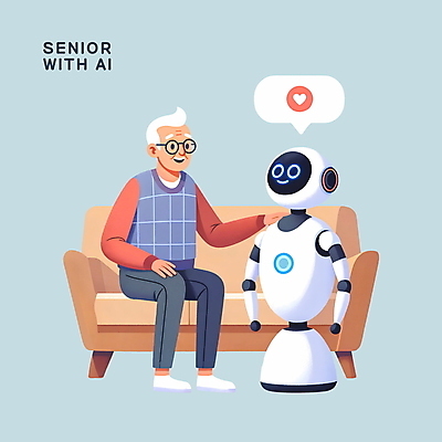 전신 PSD 할아버지 노년 남자 일러스트 기술 한명 사람 앉기 파란색 로봇 도우미 동반자 AI_인공지능 국내일러스트 1 컬러 모션 성인 파일형식