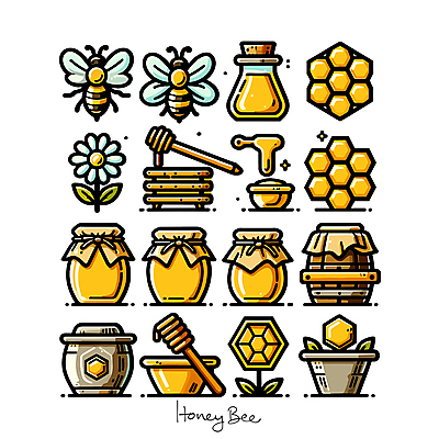 아이콘 꽃 사람없음 노란색 달콤 꿀벌 꿀 벌집 꿀단지 양봉 양봉장 허니디퍼 2D아이콘 AI파일 식물 컬러 도구 맛 벌_곤충 파일형식 벡터