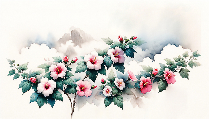 JPG 일러스트 수채화 산 사람없음 안개 분위기 무궁화 나라꽃 국내일러스트 AI일러스트 AI콘텐츠 꽃 컨셉 날씨 파일형식