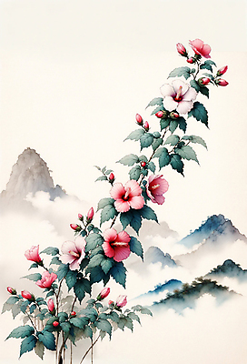 JPG 일러스트 수채화 산 사람없음 안개 분위기 무궁화 나라꽃 국내일러스트 AI일러스트 AI콘텐츠 꽃 컨셉 날씨 파일형식