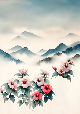 JPG 일러스트 수채화 산 사람없음 안개 분위기 무궁화 나라꽃 국내일러스트 AI일러스트 AI콘텐츠 꽃 컨셉 날씨 파일형식