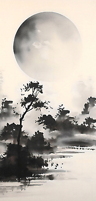 JPG 나무 백그라운드 일러스트 하늘 흑백 수묵화 풍경 사람없음 물 검은색 보름달 정월대보름 국내일러스트 AI일러스트 AI콘텐츠 자연요소 식물 명절 컬러 촬영기법 미술 달 파일형식