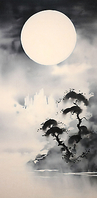 JPG 나무 바다 섬 백그라운드 일러스트 하늘 산 흑백 수묵화 풍경 사람없음 물 검은색 보름달 정월대보름 국내일러스트 AI일러스트 AI콘텐츠 자연요소 식물 명절 컬러 촬영기법 미술 달 파일형식