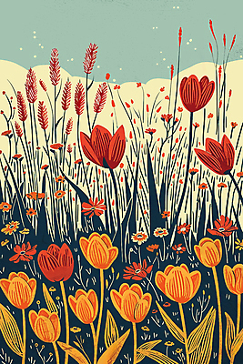 JPG 꽃 백그라운드 일러스트 자연 사람없음 주황색 풀잎 그림 국내일러스트 AI일러스트 AI콘텐츠 식물 컬러 잎 풀_식물 생태계 파일형식