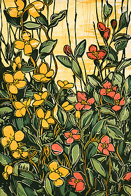 JPG 꽃 백그라운드 일러스트 자연 사람없음 노란색 풀잎 그림 국내일러스트 AI일러스트 AI콘텐츠 식물 컬러 잎 풀_식물 생태계 파일형식