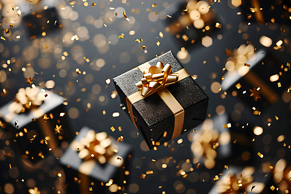 JPG 편집이미지 리본 선물 사람없음 선물상자 검은색 오브젝트 꽃가루 금가루 스팽글 편집실사 AI컴퓨터그래픽 AI콘텐츠 컬러 상자 가루 CG 파일형식